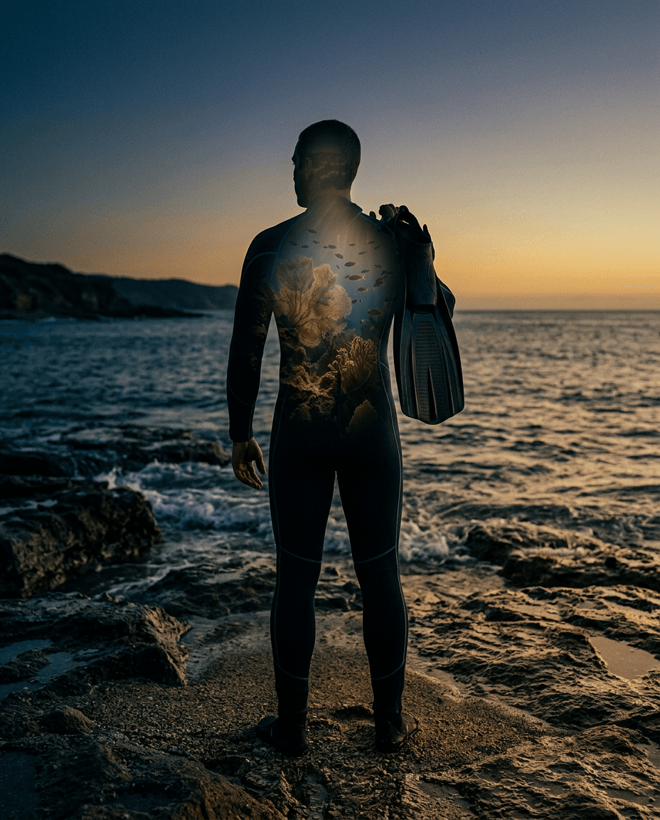 Diver floating weightless underwater in a shaft of sunlight