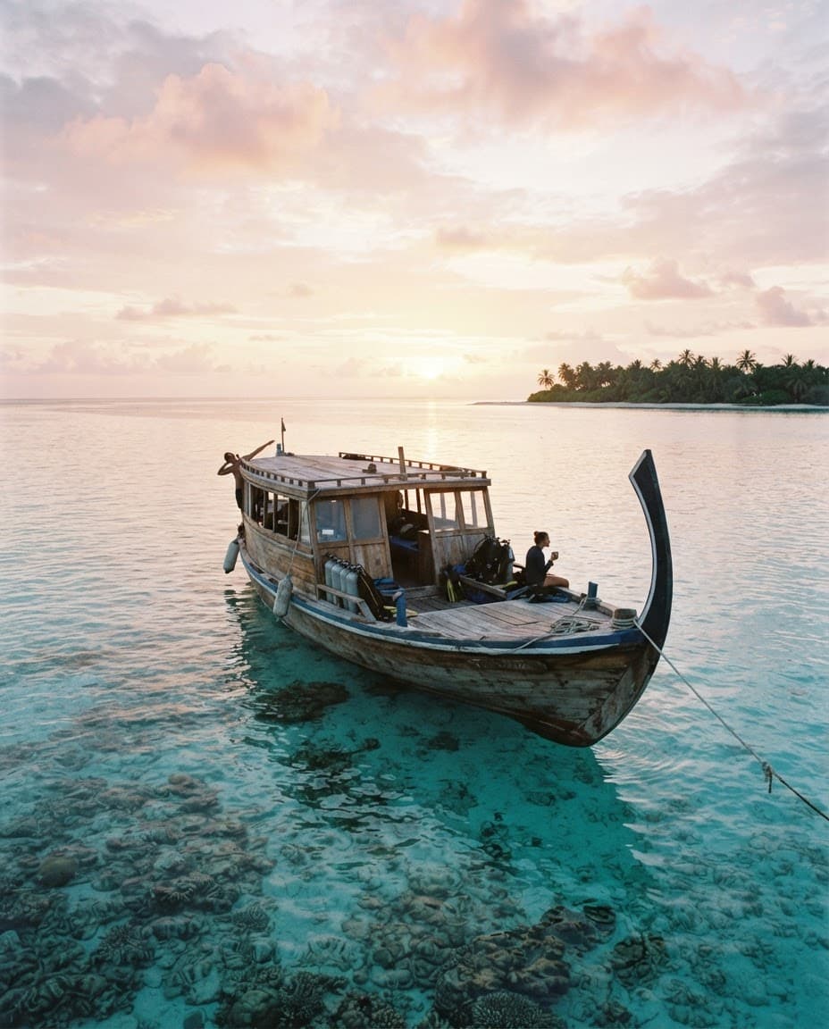 Traditional dhoni boat at anchor in a pale Maldivian sunrise