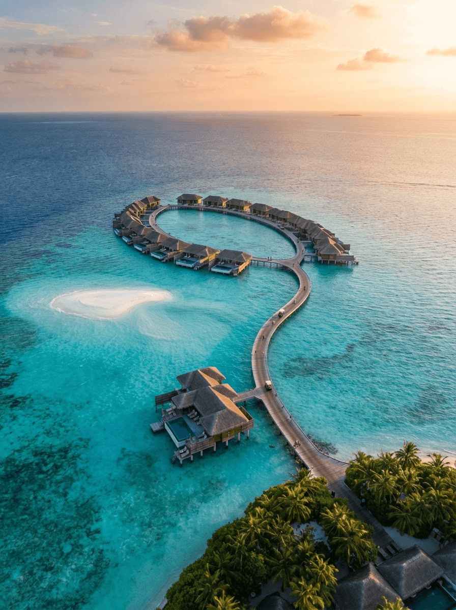 Aerial view of Maldives overwater villas curling around a turquoise lagoon at sunset