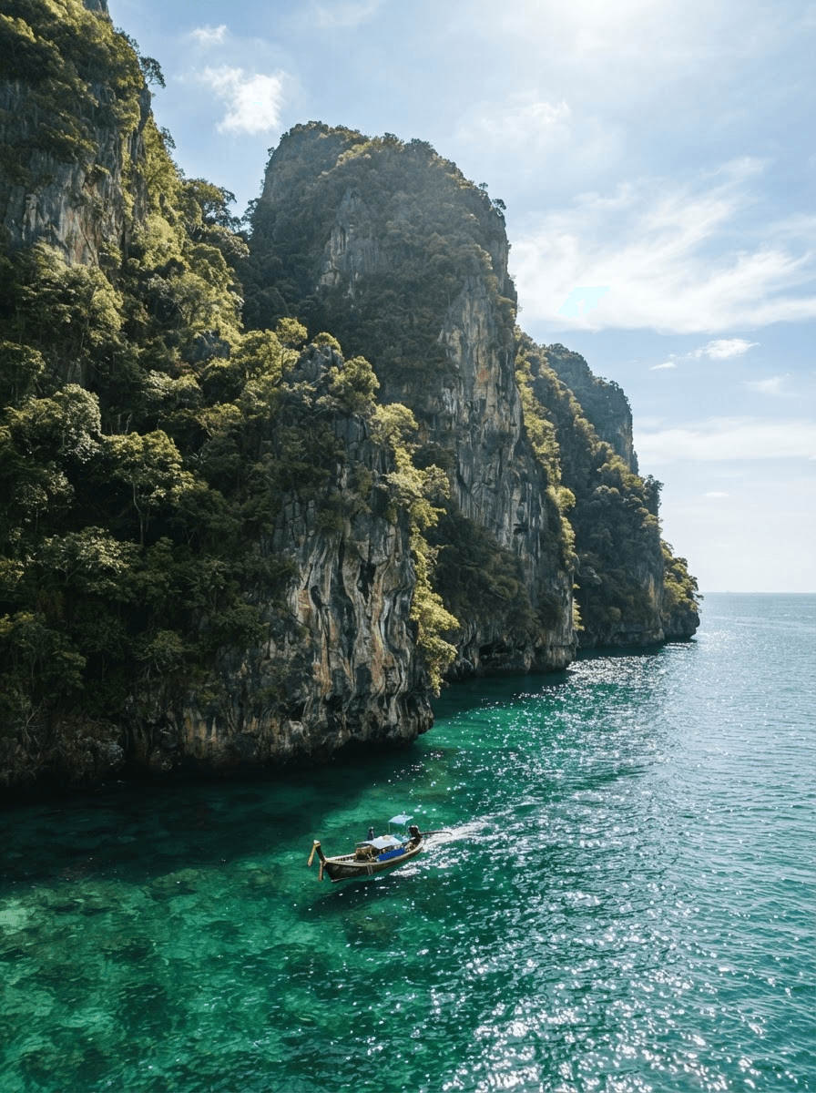Longtail boat on clear emerald water beneath Phuket limestone cliffs