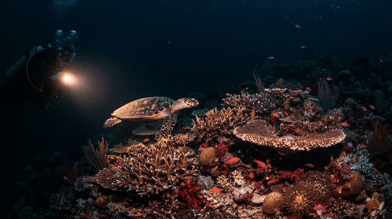 Night reef with a sea turtle gliding over dark coral
