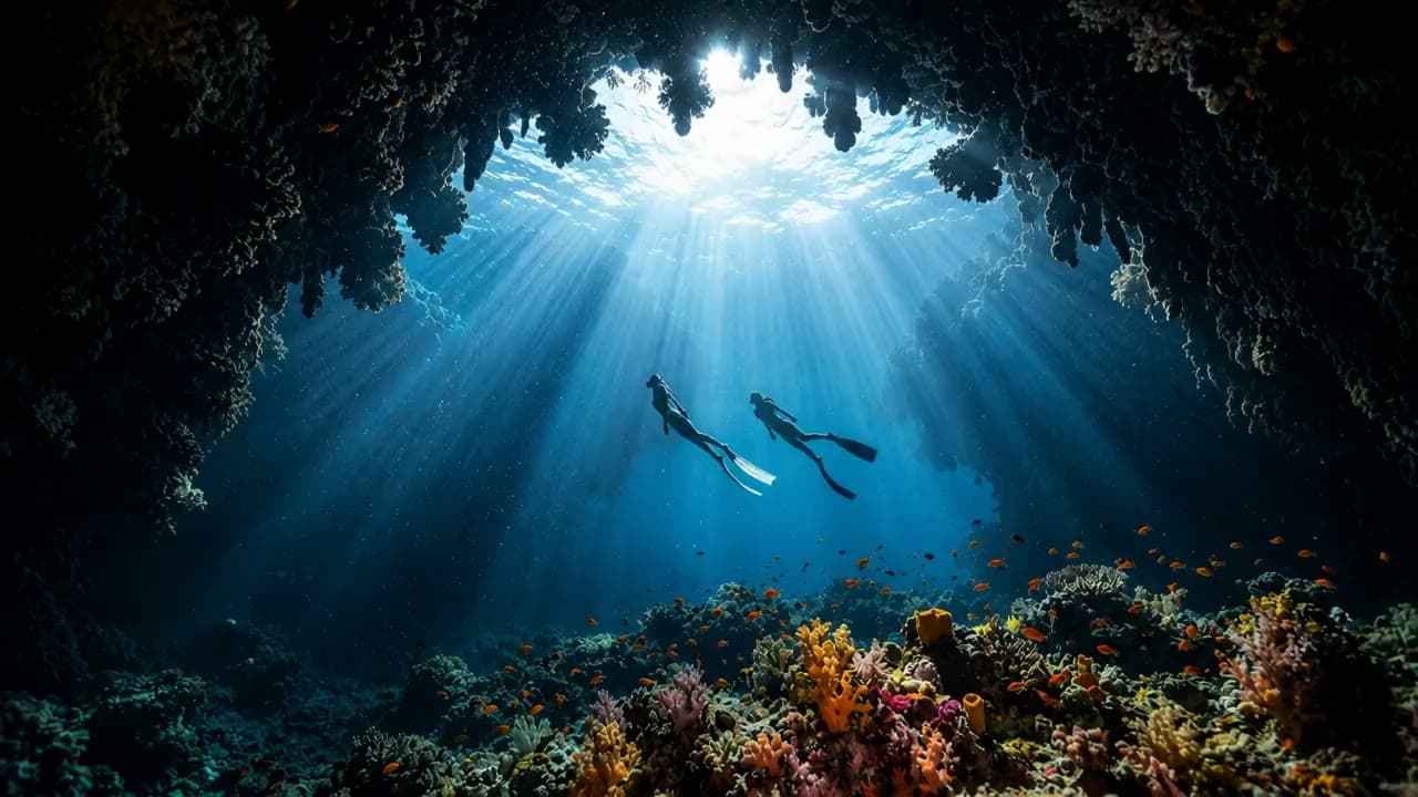 Two freedivers suspended in a shaft of sunlight inside a coral cavern