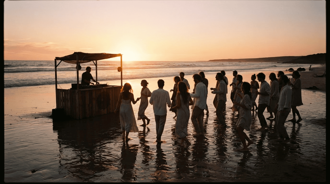 Golden-hour beach session with divers unwinding to music by the ocean