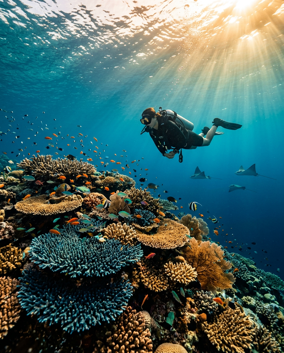 Diver drifting over pristine Indo-Pacific coral in the Andaman Islands with eagle rays passing in warm turquoise water
