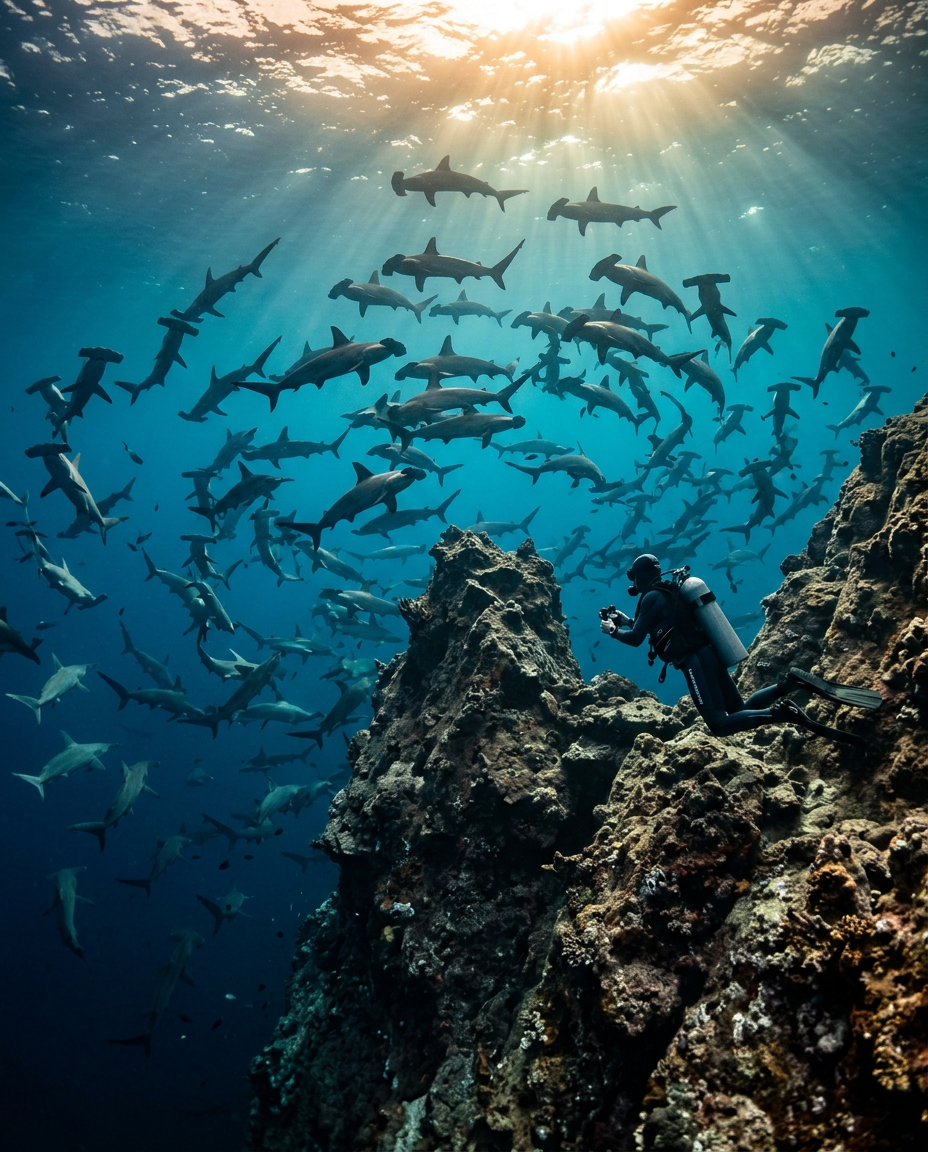 Diver holding position on a rocky seamount at Cocos Island while hundreds of scalloped hammerhead sharks school overhead