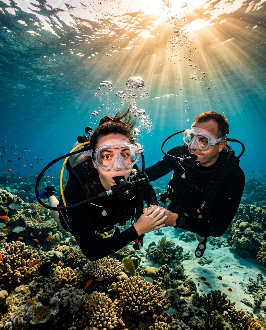 Wide-eyed new scuba diver holding her instructor's hands over a shallow sunlit training reef on her first dive
