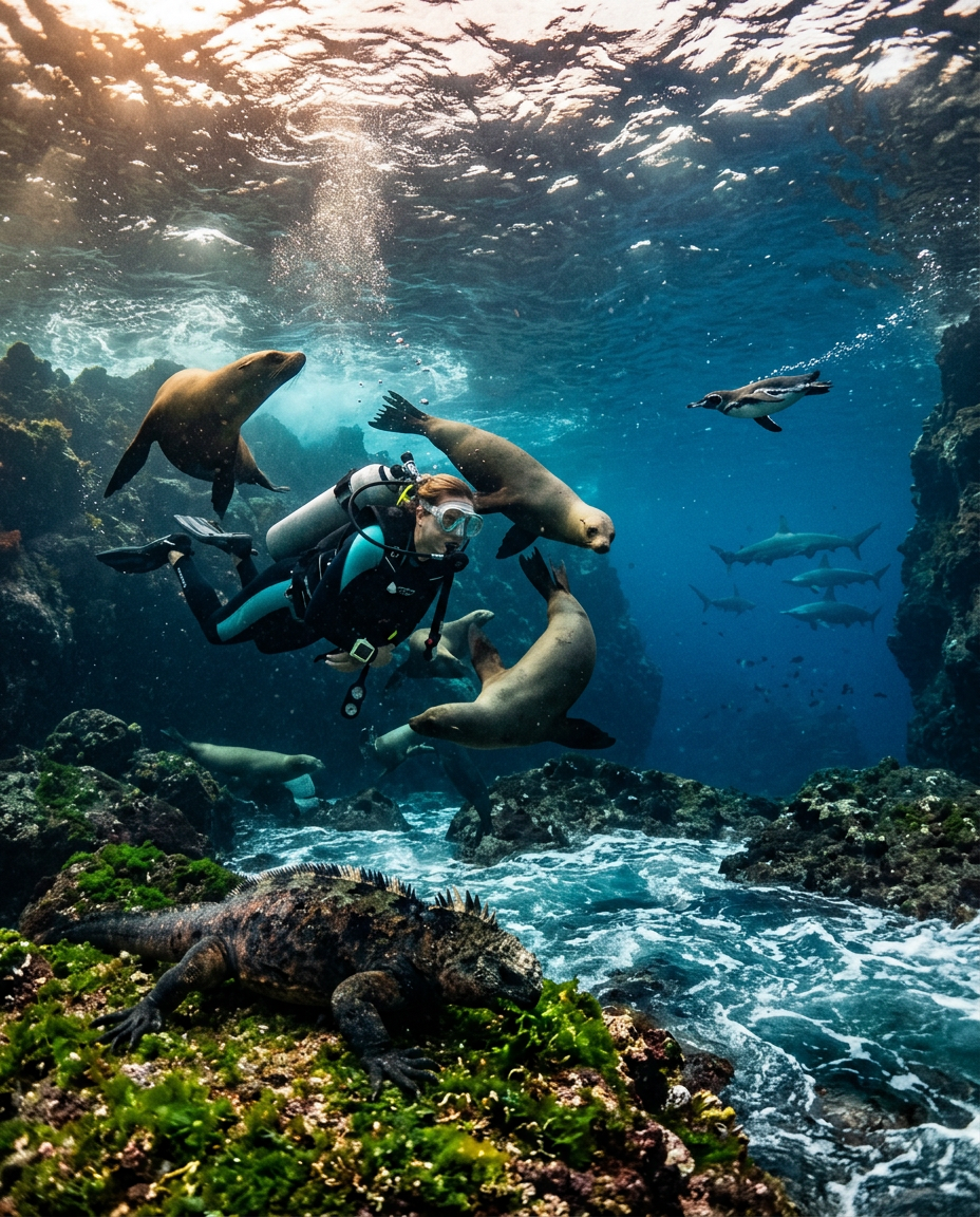 Diver surrounded by playful sea lions in the Galápagos with a marine iguana grazing below and a penguin darting past hammerheads
