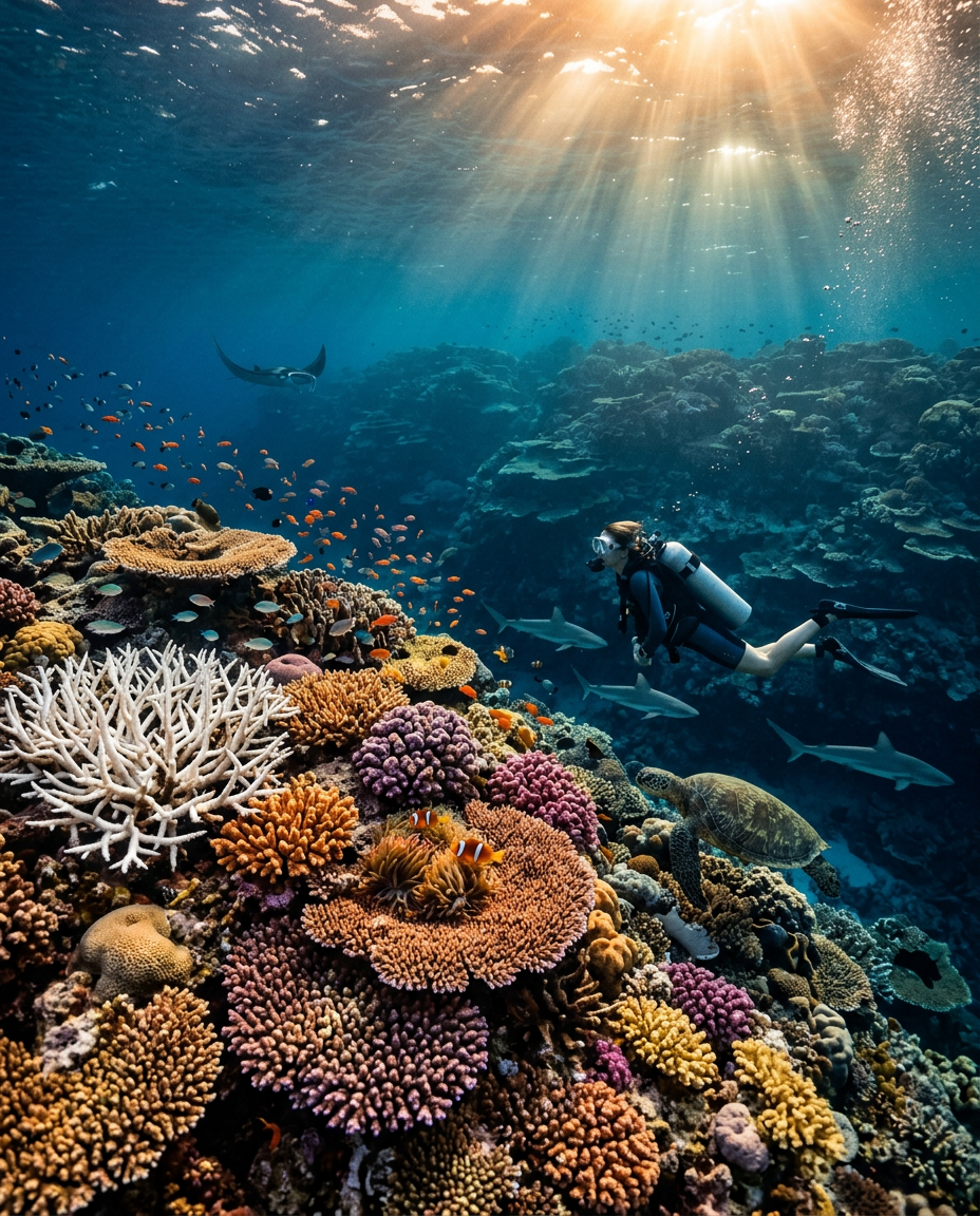 Diver gliding over a vast Great Barrier Reef coral city with a turtle, reef sharks, clownfish, and a pale bleached coral patch