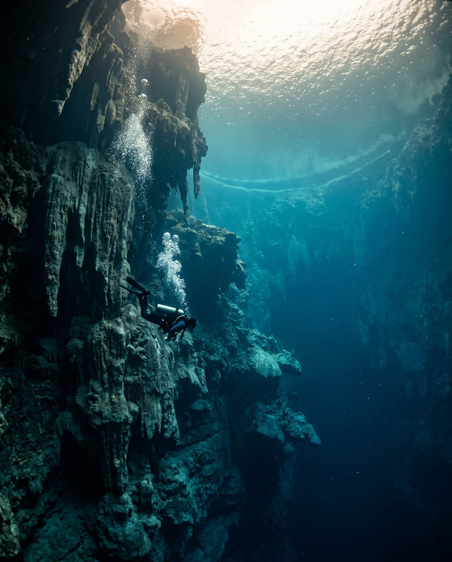 Scuba diver descending past ancient stalactite formations along the sheer wall of the Great Blue Hole in Belize