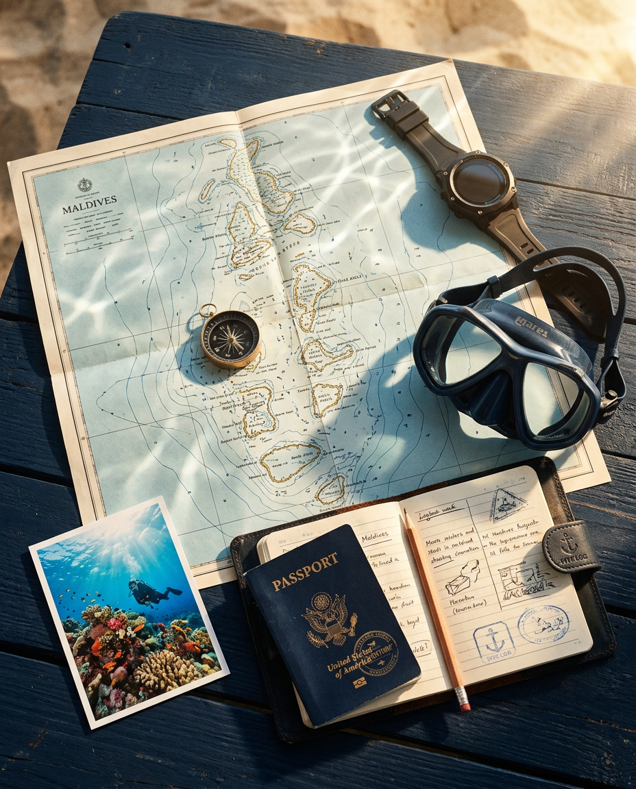 Dive-travel planning flat lay with a Maldives chart, compass, dive computer, mask, passport, and handwritten logbook
