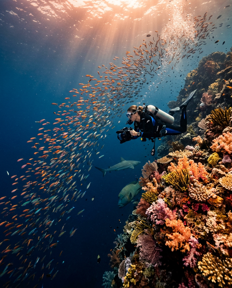 Diver photographing streaming schools of fish, a Napoleon wrasse, and a reef shark on the coral pinnacle of Batu Bolong, Komodo
