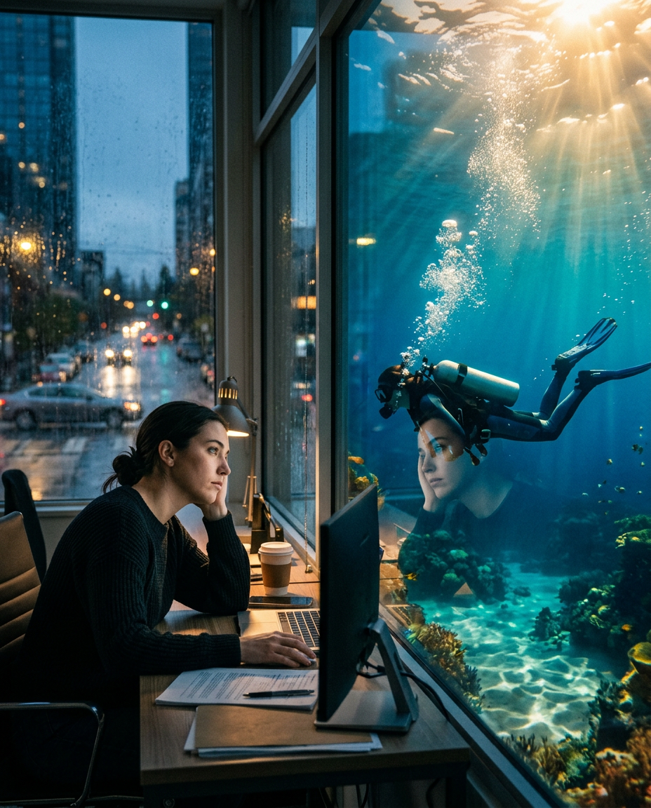 Office worker at a rainy city window gazing at a daydream of herself scuba diving over a sunlit coral reef