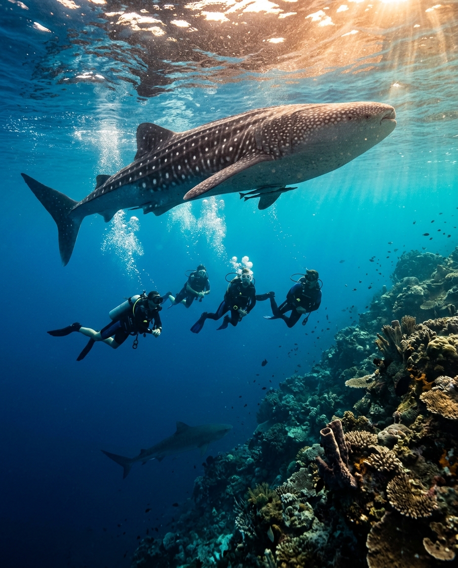 Whale shark cruising near the sunlit surface above divers while a tiger shark patrols the reef slope below, Maldives