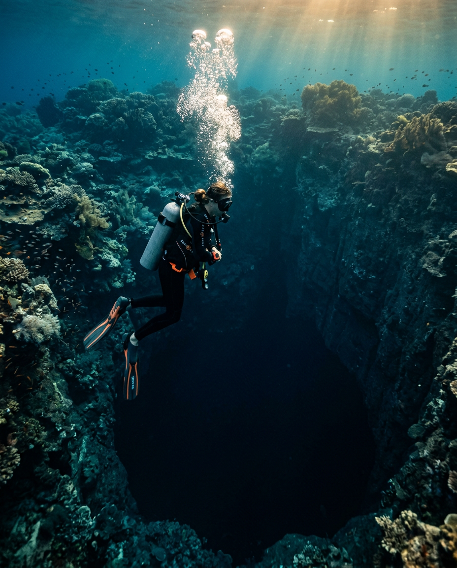 Diver hovering at the rim of the dark Samaesan Hole sinkhole where a shallow Thai reef drops into a circular abyss