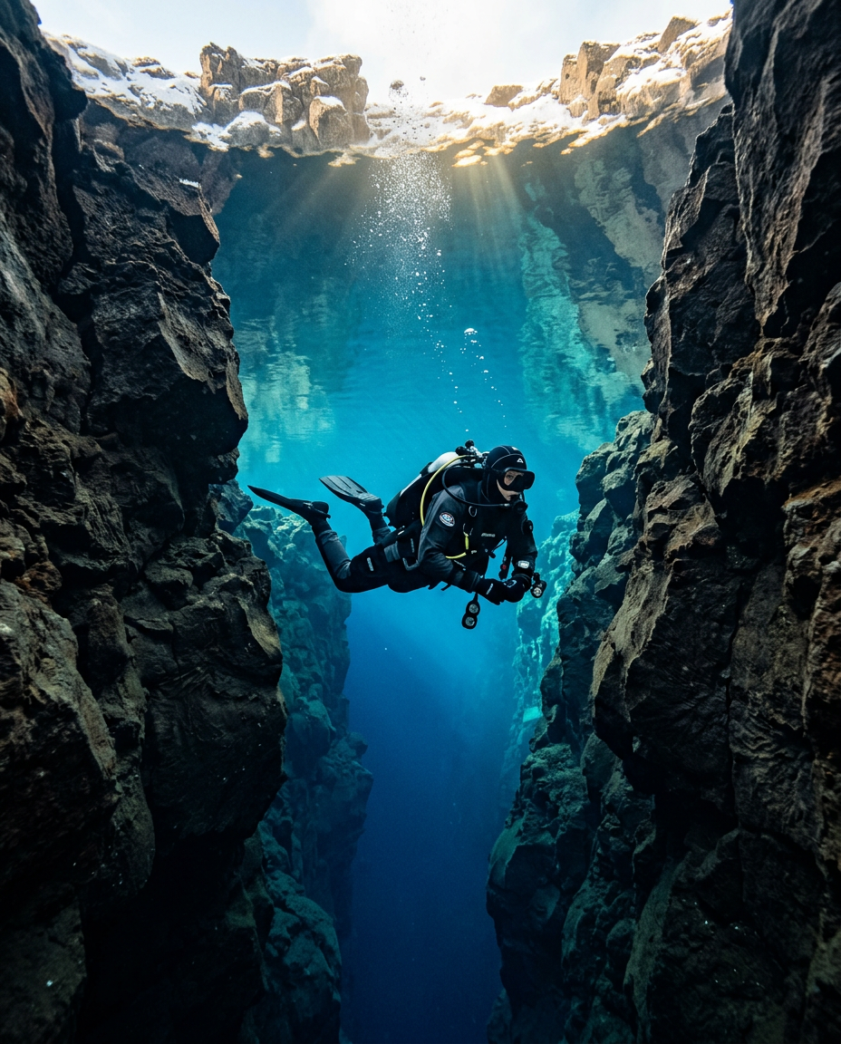 Dry-suit diver floating between the two tectonic rock walls of Silfra Fissure in impossibly clear glacial water, Iceland