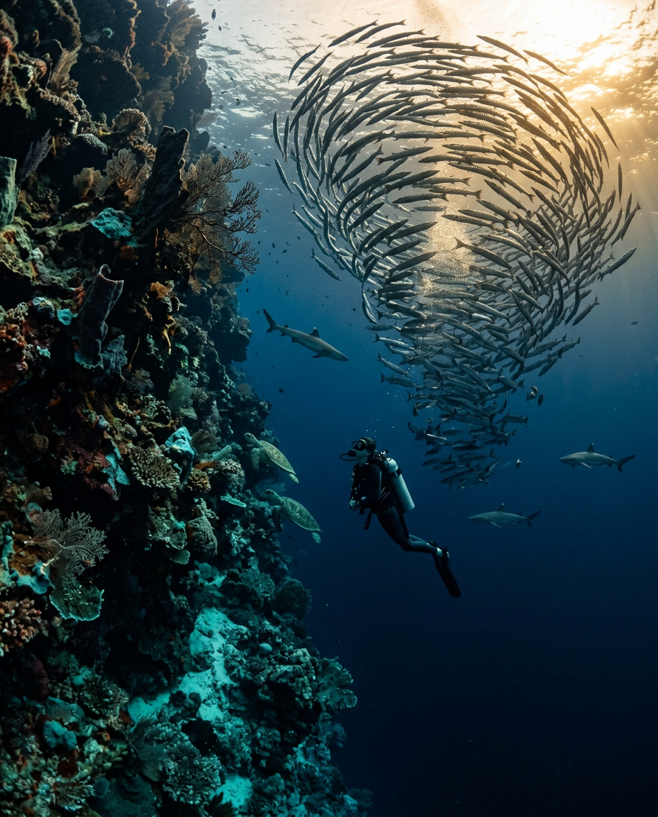 Diver beside the vertical Sipadan wall as a tornado of barracuda swirls overhead and turtles rest on the coral, Malaysia