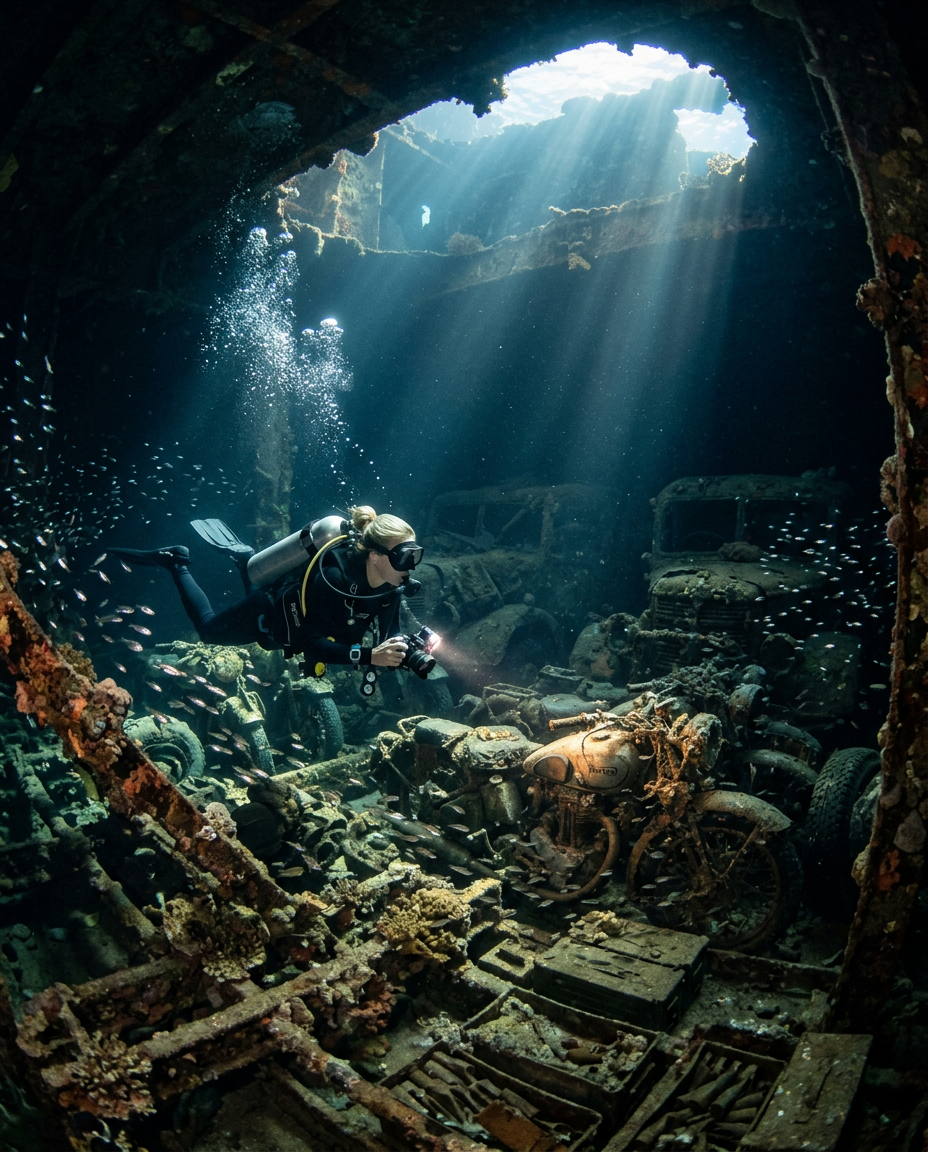 Diver with a camera exploring coral-encrusted BSA motorcycles and cargo inside the SS Thistlegorm shipwreck in the Red Sea