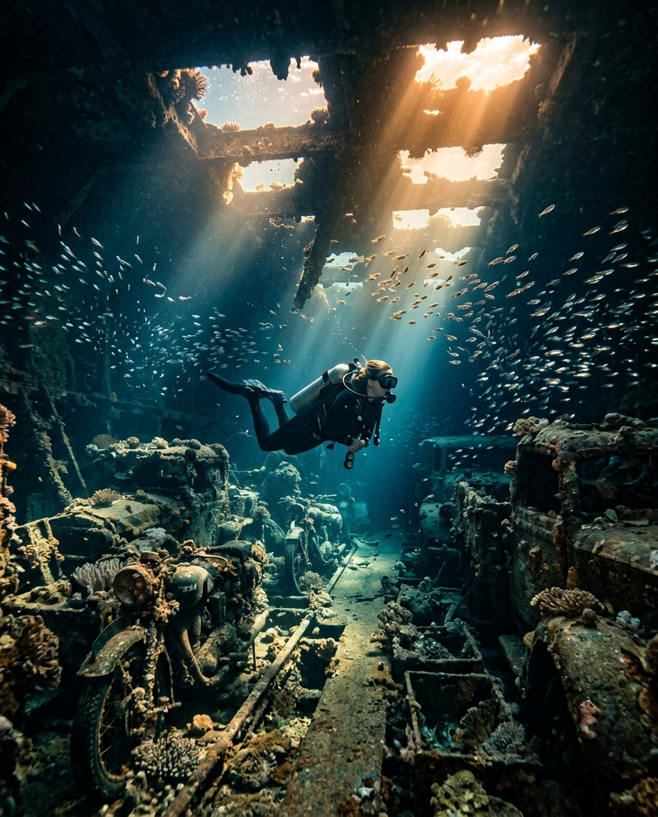 Diver swimming through the cargo hold of the SS Thistlegorm wreck with wartime trucks and glassfish lit by shafts of light