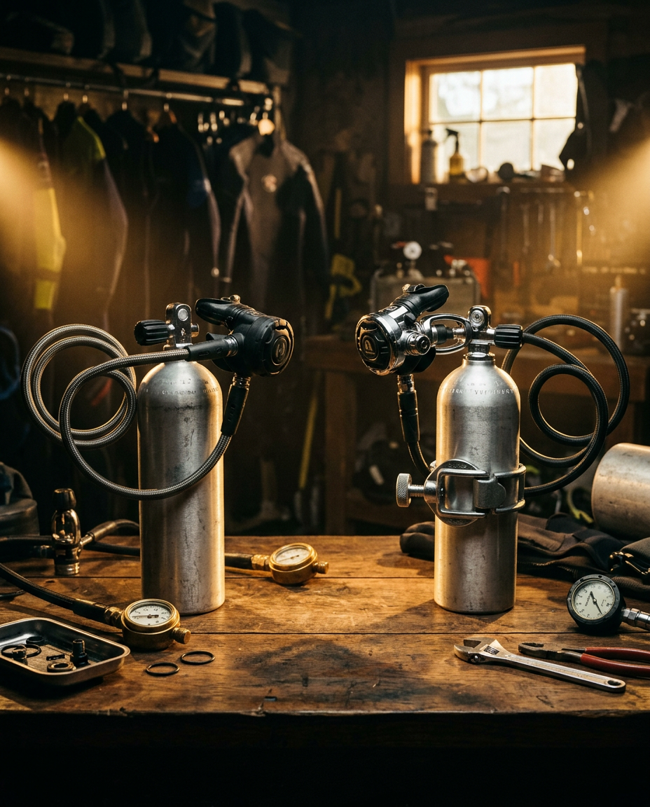 DIN and yoke scuba tank valves facing each other on a workbench lit like a western standoff