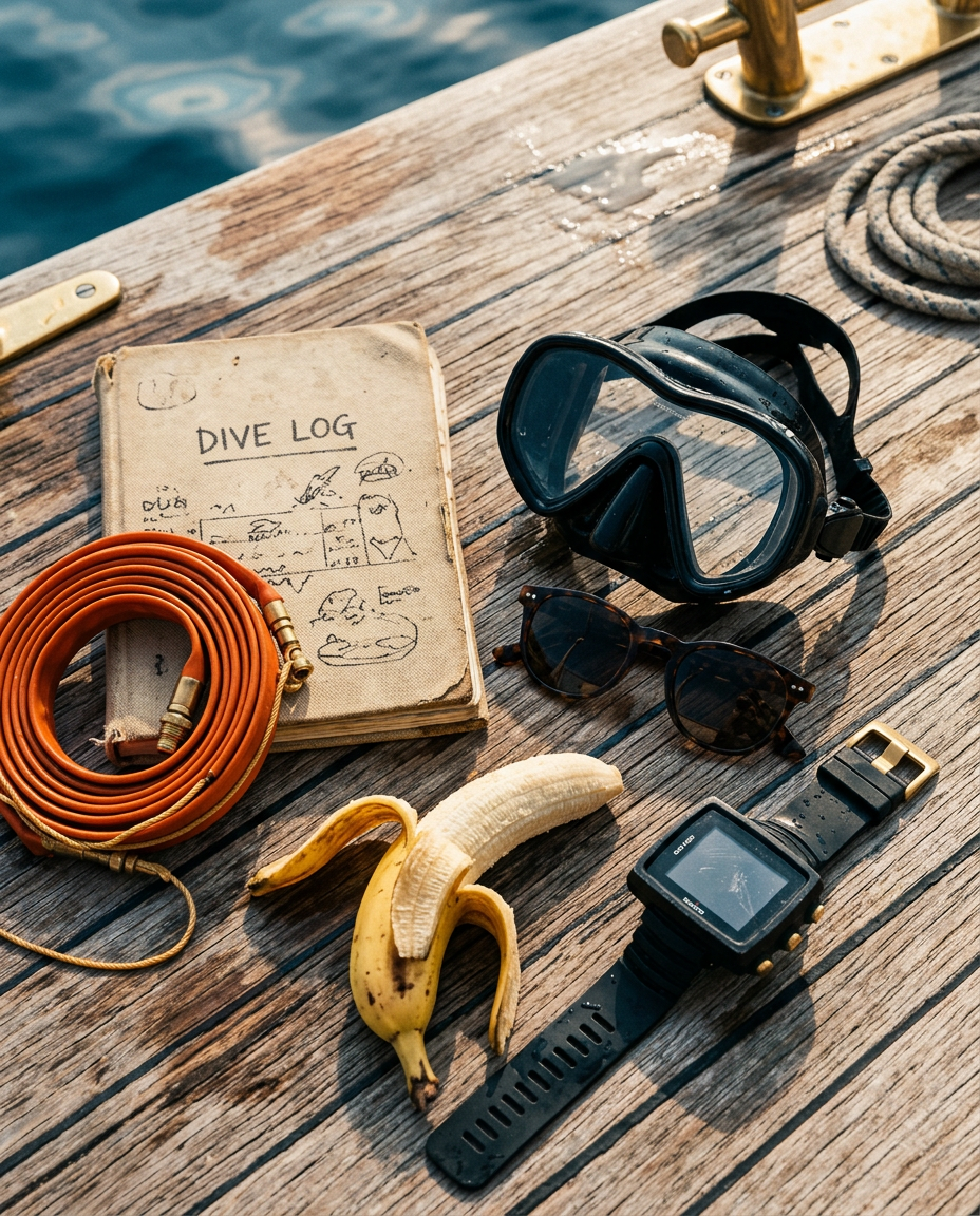 Flat lay of dive life items including a logbook, safety sausage, mask, banana, and dive computer on a boat deck
