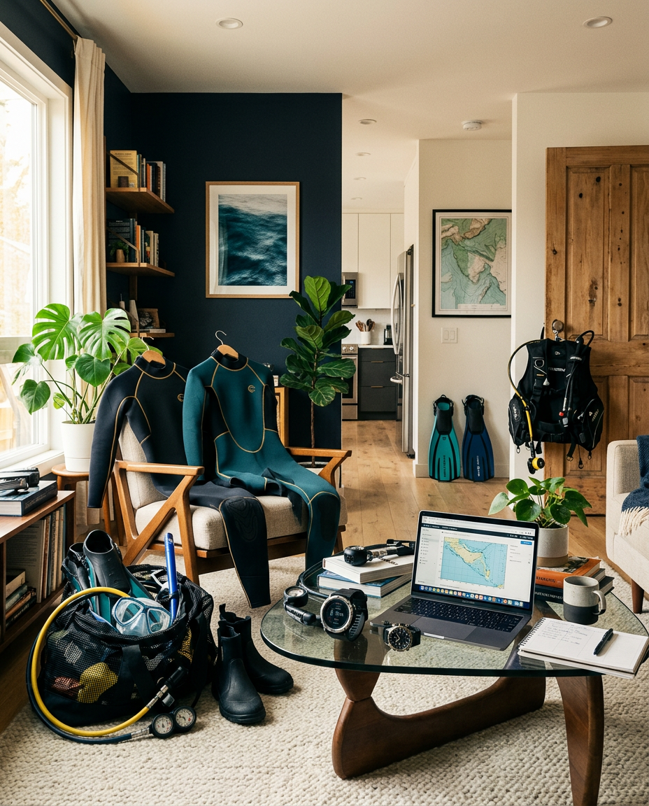 Living room overtaken by drying scuba gear including wetsuits, BCD, fins, and a dive computer on the coffee table