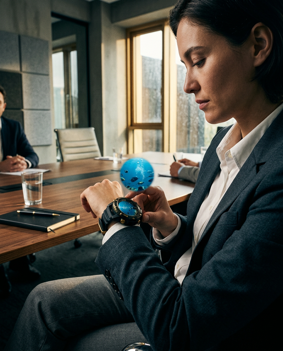 Office worker in a meeting glancing at a dive computer on their wrist with an underwater scene reflected in it