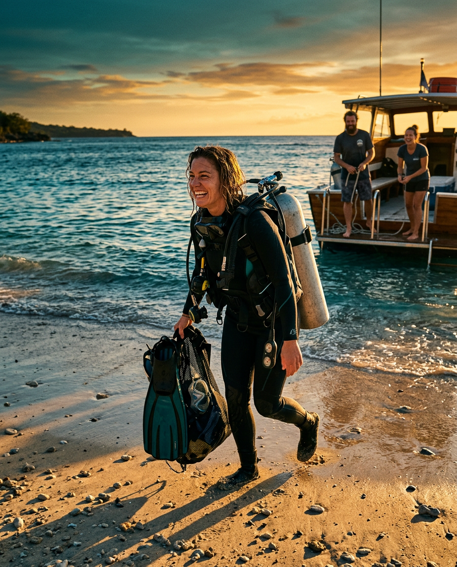 Grinning scuba diver carrying gear toward the water at sunset for one more dive as the boat crew looks on