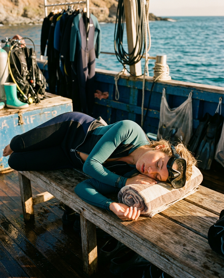 Exhausted scuba diver asleep on a dive boat bench in a half-unzipped wetsuit after two dives