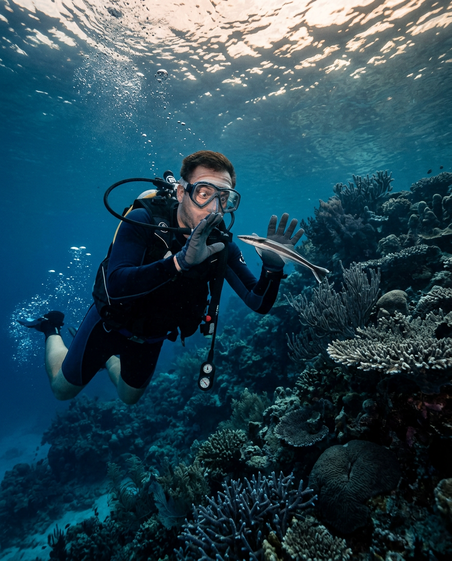 Startled scuba diver recoiling from a small harmless remora fish on a coral reef