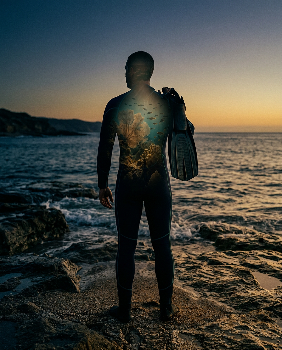 Silhouette of a diver on the shoreline at dusk filled with glowing underwater reef imagery