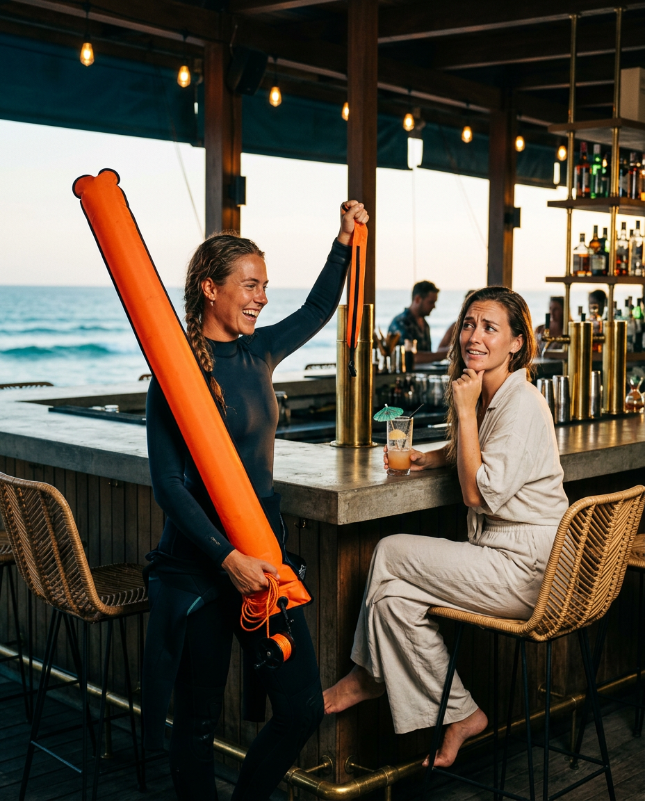 Scuba diver showing a bright orange safety sausage to a confused non-diver friend at a beach bar