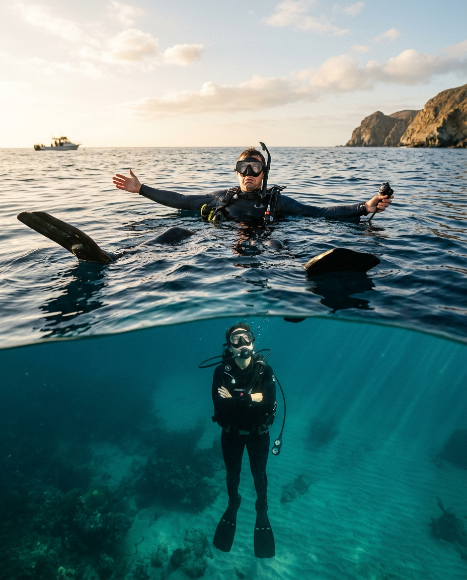 Scuba diver floating stuck at the surface after forgetting the weight belt while the instructor watches from below