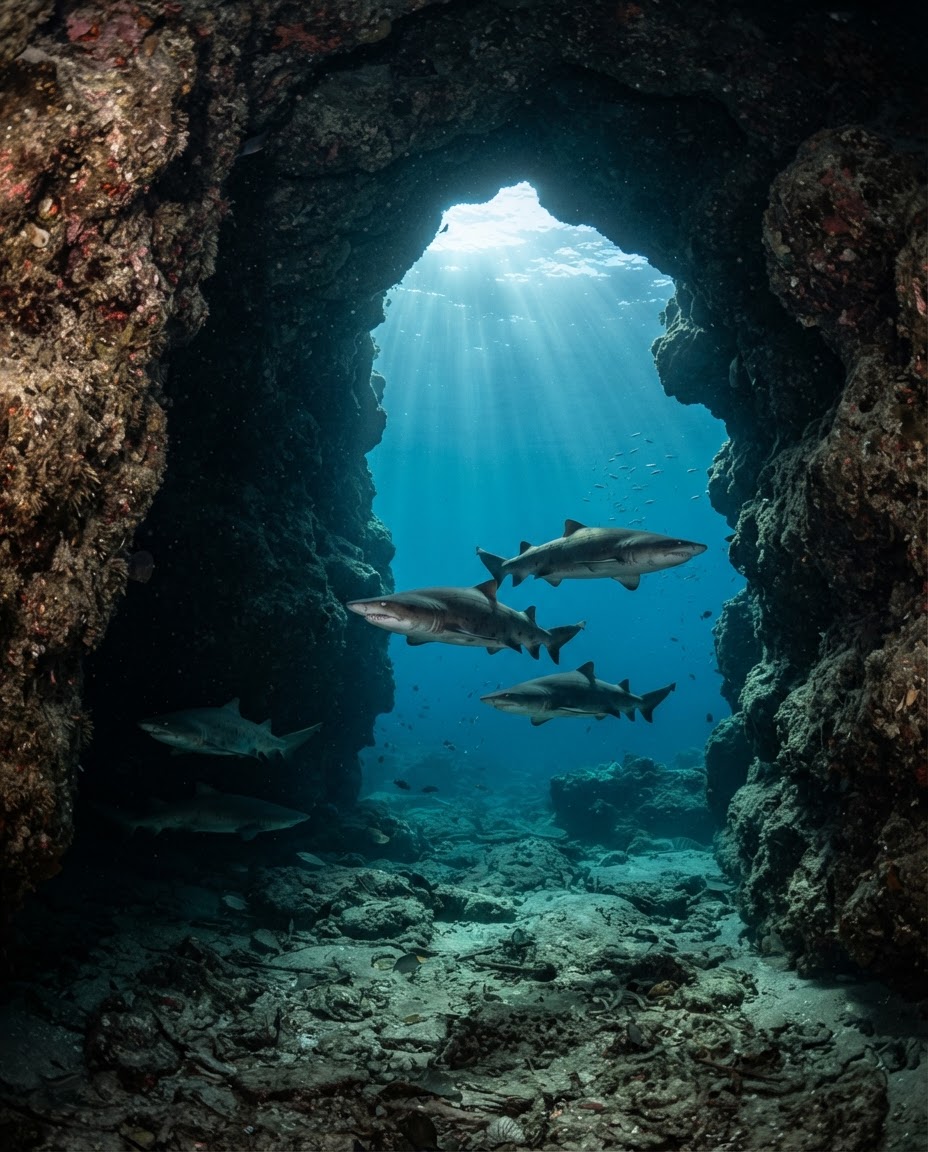Group of ragged-tooth sharks swimming near natural rock archway at Aliwal Shoal South Africa