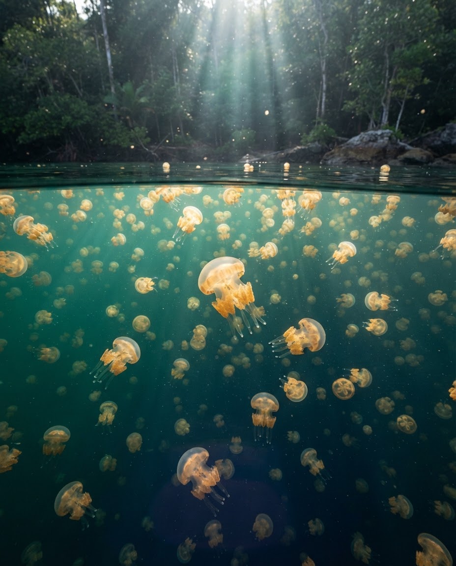 Golden stingless jellyfish floating gently in Kakaban island saltwater lake Derawan Kalimantan