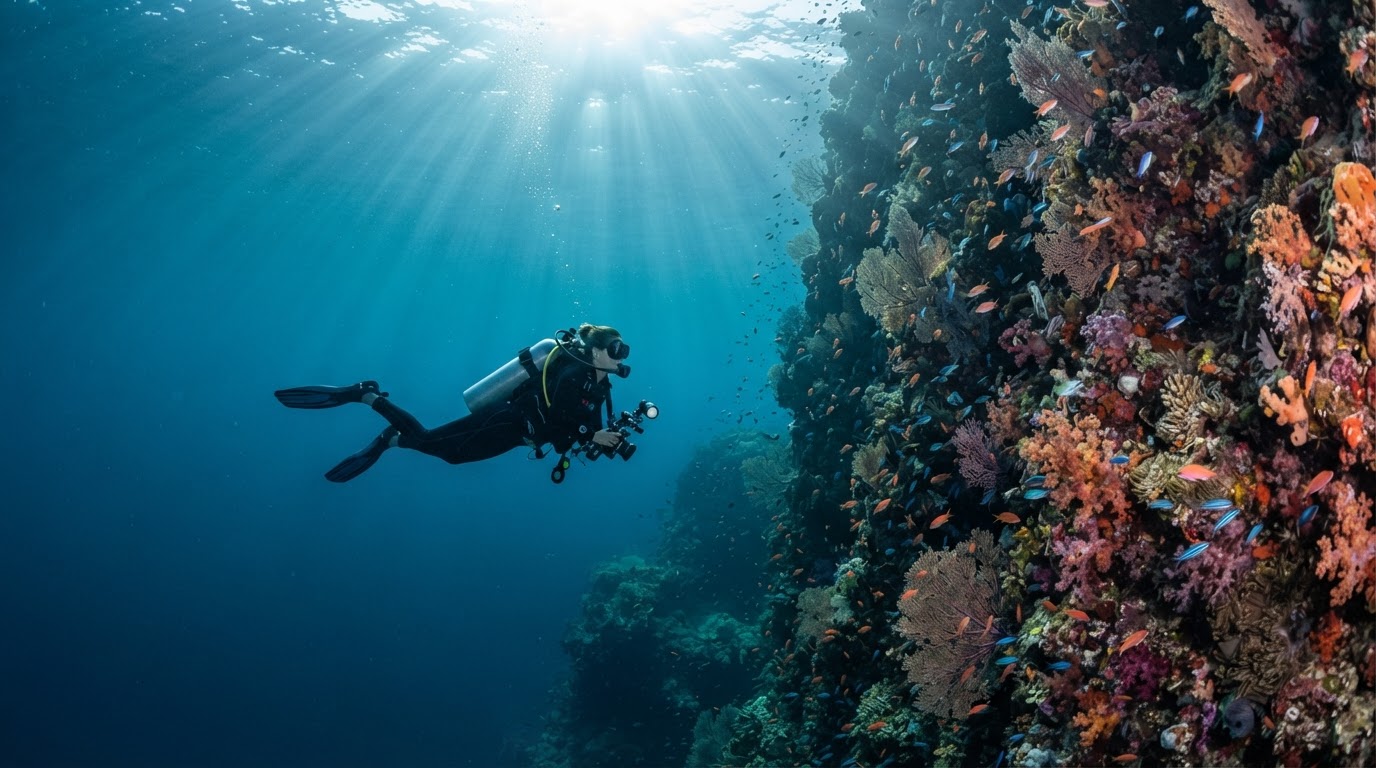 A scuba diver exploring an untouched, crystal clear coral wall pinnacle in a remote hidden gem dive site