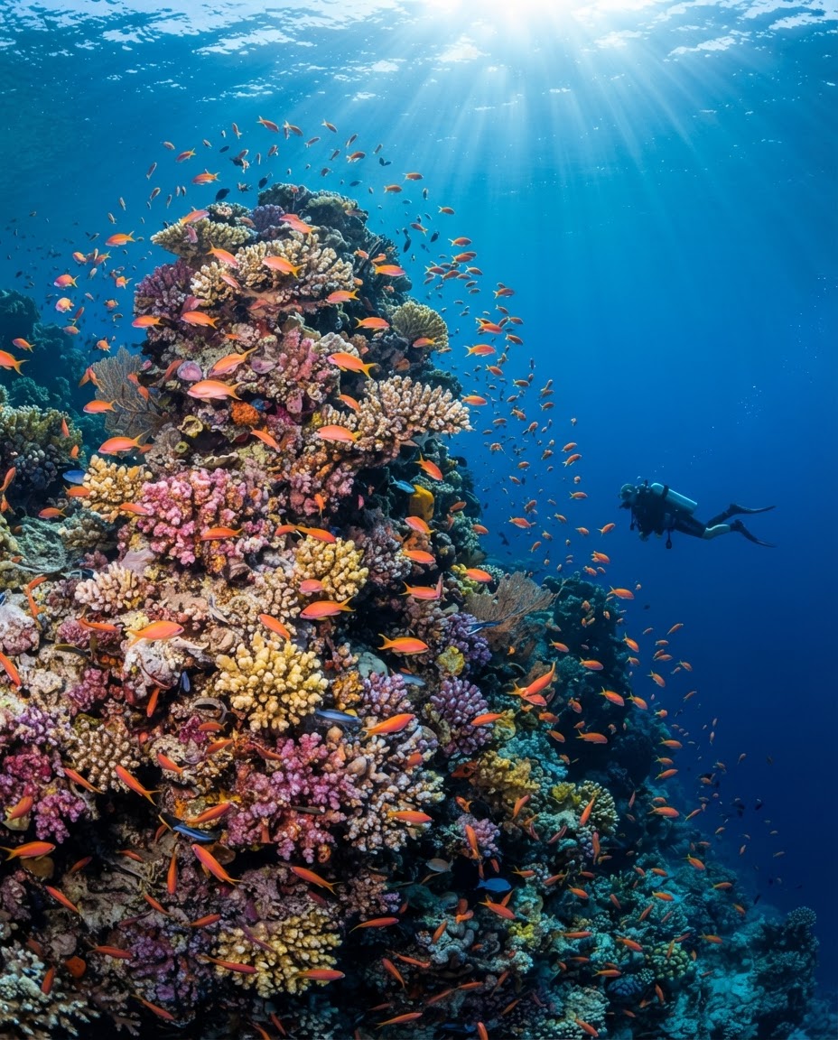 Diver swimming over healthy Red Sea coral pinnacle with schooling orange anthias near Marsa Alam