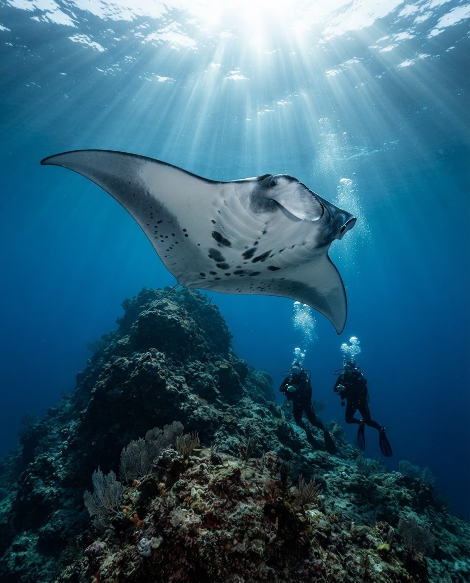 Giant oceanic manta ray hovering close to scuba divers in crystal blue water at Socorro Islands