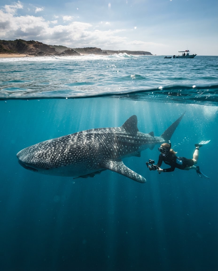 A massive whale shark swimming alongside a snorkeller in shallow turquoise water at Tofo Beach Mozambique