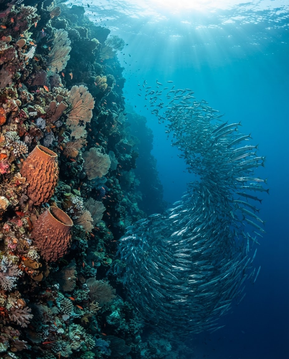 Pristine vertical coral wall teeming with schooling fish and clear water at Tubbataha Reefs Natural Park