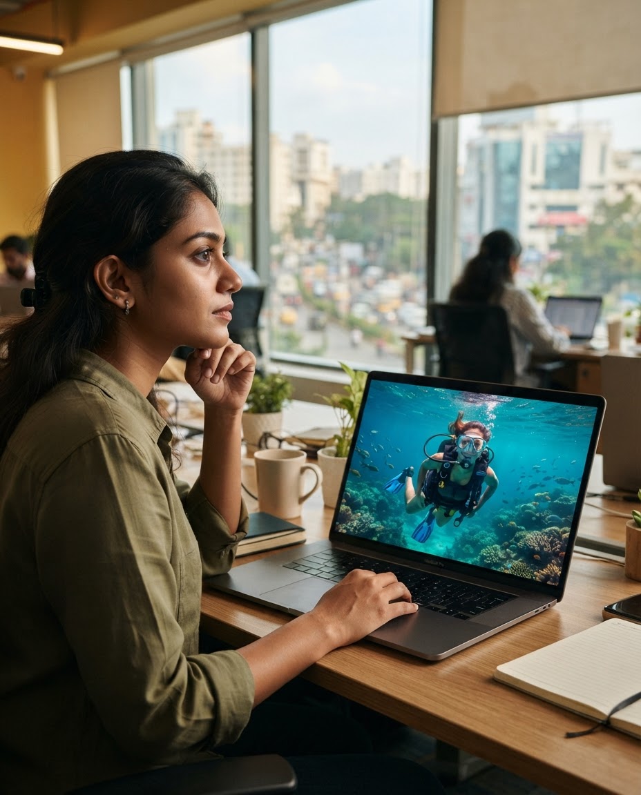 A Bangalore professional at their desk with a reflected memory of scuba diving in blue water, symbolizing the pull of the ocean during a workday