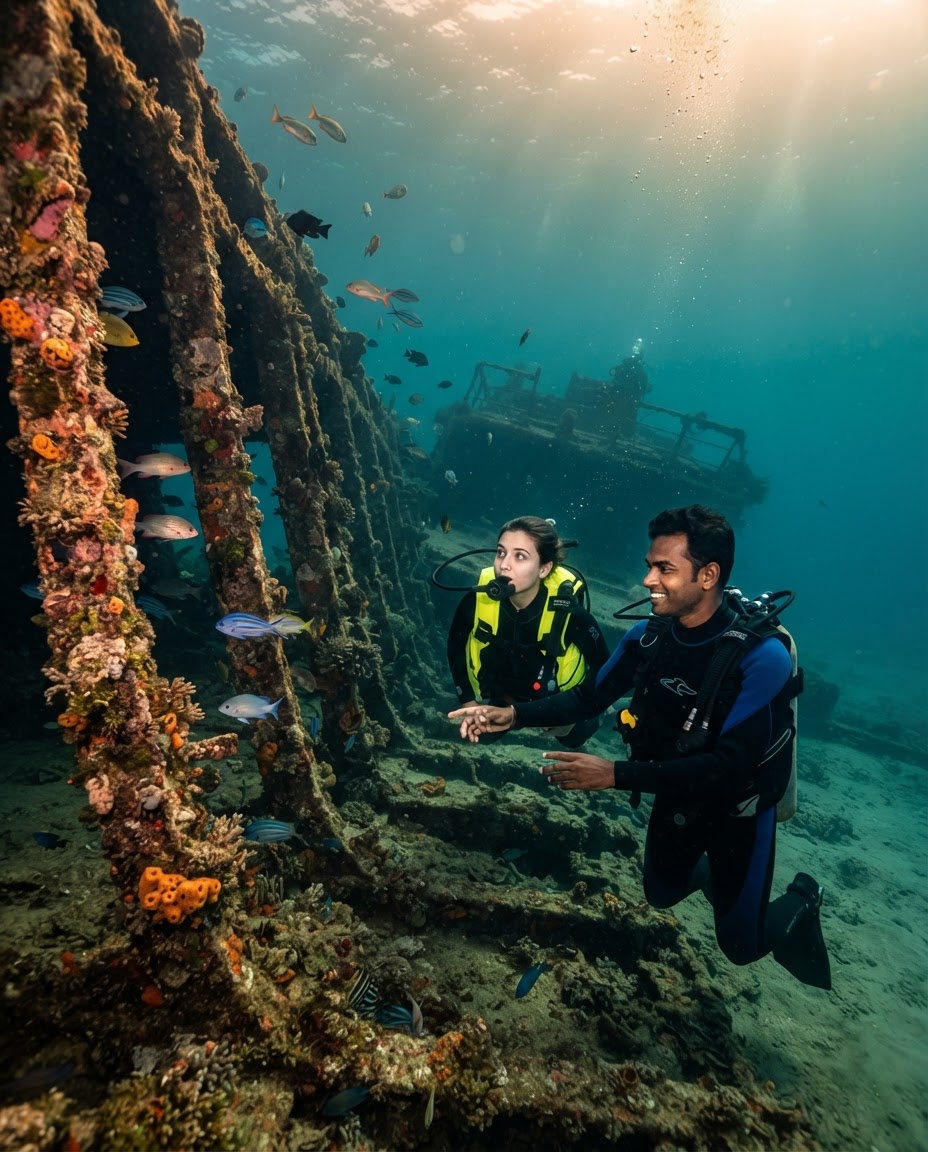 A beginner diver guided by an instructor near a shipwreck at Grand Island, Goa