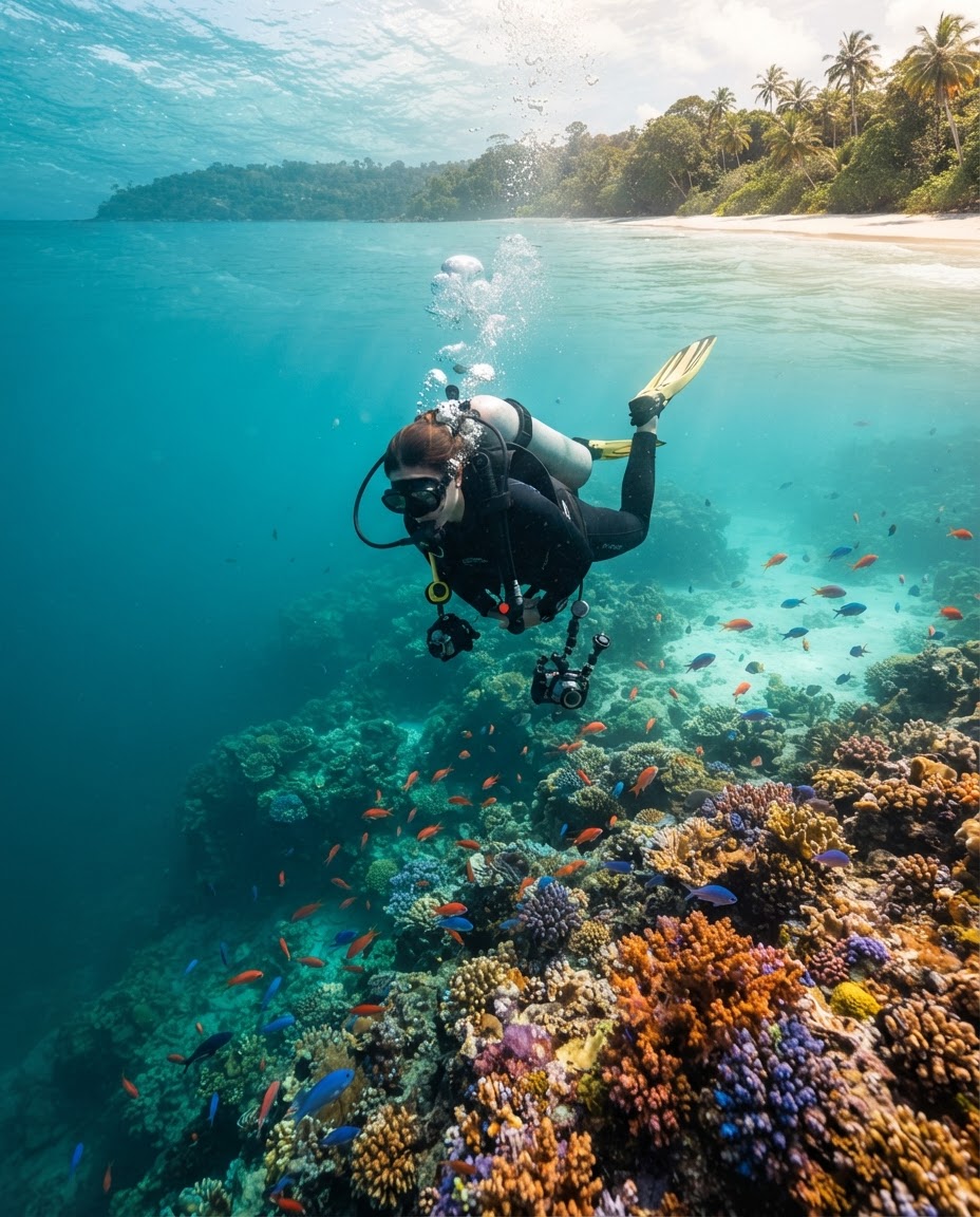 A diver descending through clear turquoise water off Havelock Island in the Andamans, coral reef visible below