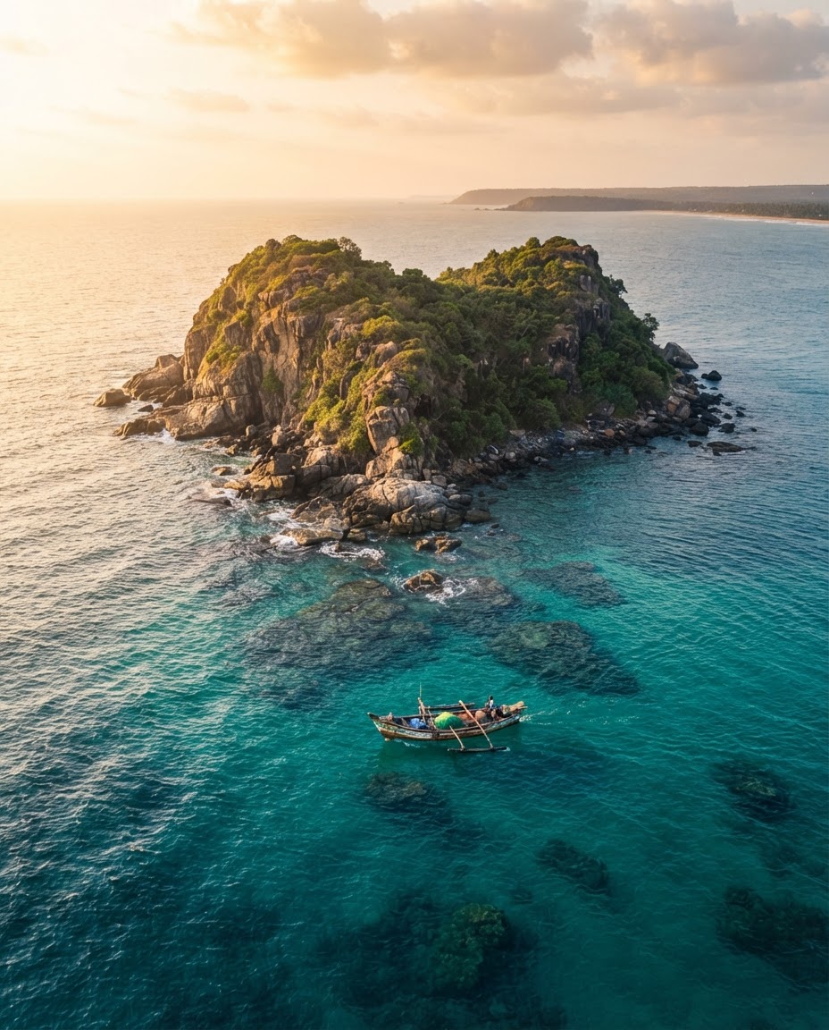 Netrani Island rising from the Arabian Sea at dawn, a heart-shaped limestone island off the Karnataka coast