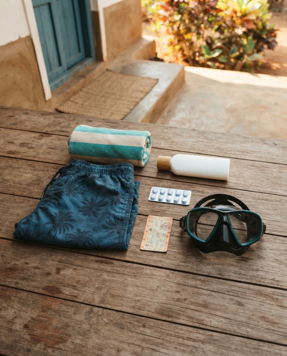 Flat lay of a first dive trip packing list — swimwear, reef-safe sunscreen, a travel ticket, and a dive mask