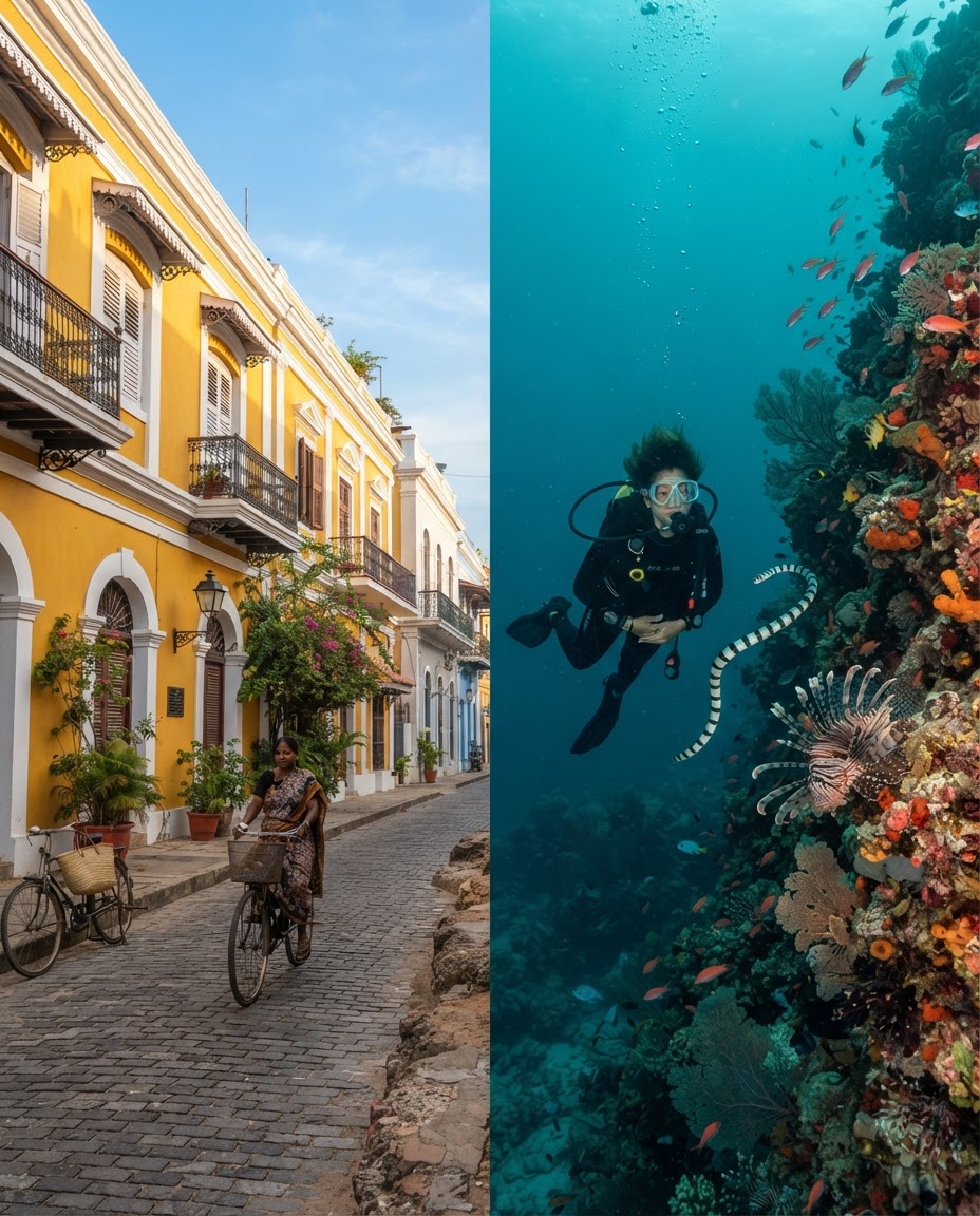 Split scene of Pondicherry's French Quarter streets beside an underwater wall dive with lionfish and coral