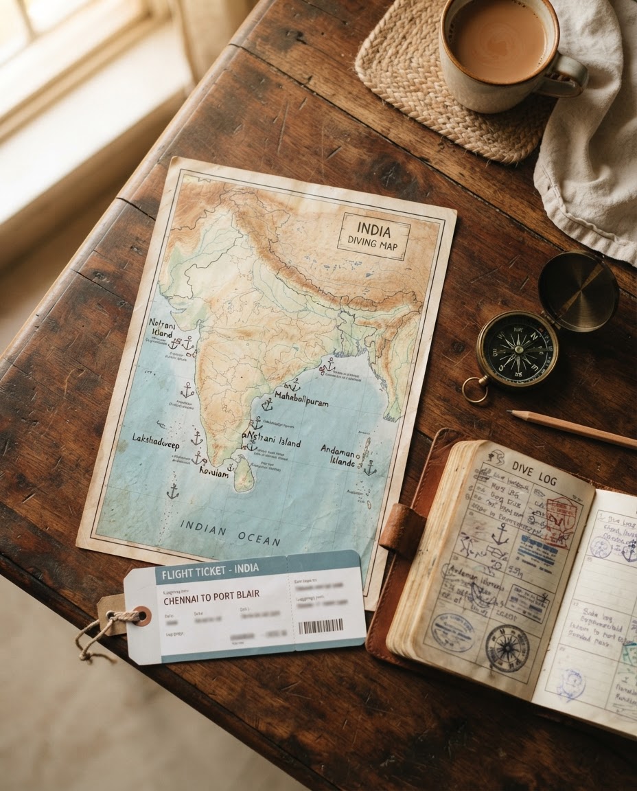 Flat lay of an Indian coastline dive map, boarding pass, logbook, and compass for planning a first dive trip