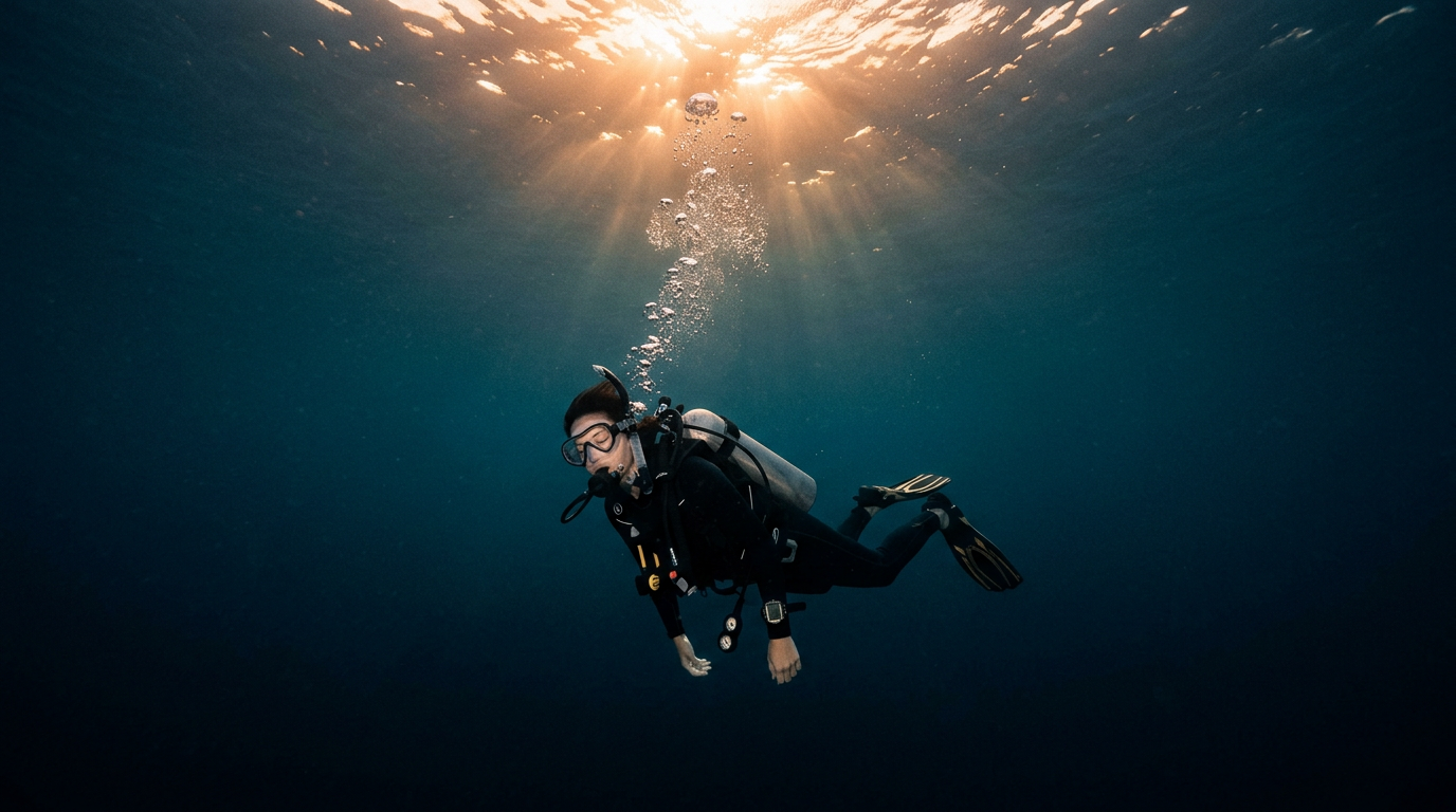 A lone diver drifts in dark blue water, eyes closed and utterly at ease, a trail of bubbles rising through a shaft of light above