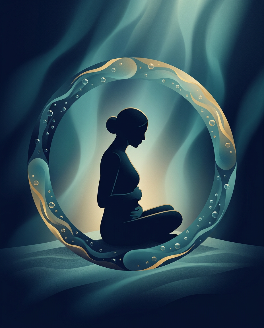 A silhouetted figure seated in stillness inside a glowing ring of water and light, hands resting in a calm, meditative pose