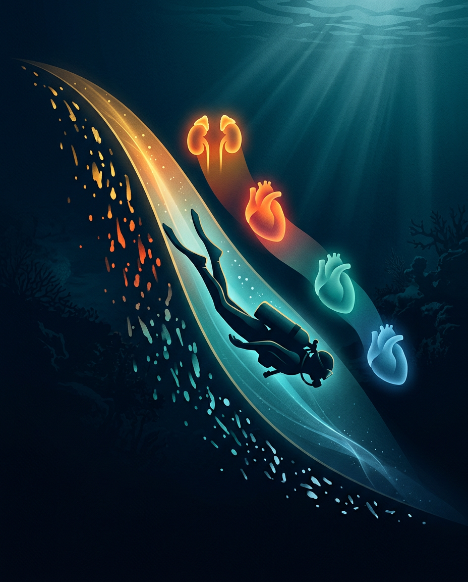 Illustration of a diver descending along a glowing path as four hearts fade from stressed orange to calm blue, tracking the cortisol drop