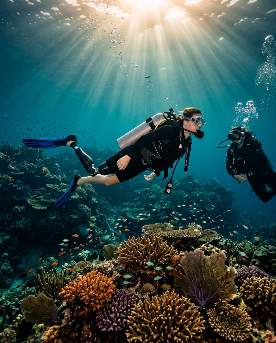 A diver with a prosthetic leg swims alongside a dive buddy over a vivid coral reef, sunbeams streaming down from the surface